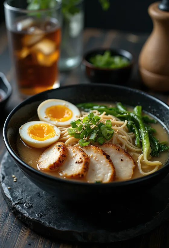 Halal Ramen disajikan dengan ayam, bok choy, dan telur