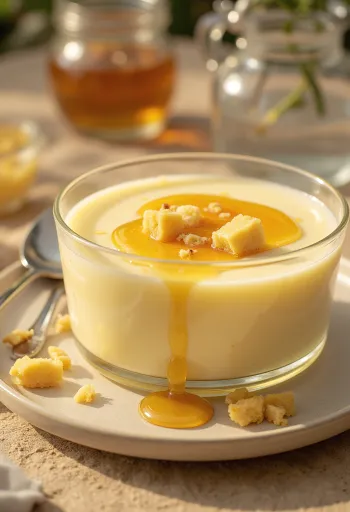 Puding vanila madu dalam gelas, dihiasi dengan mint