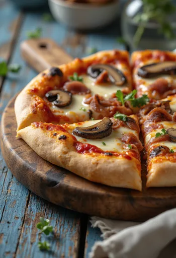 Pizza al Boscaiolo dengan jamur hutan dan daging sapi asap