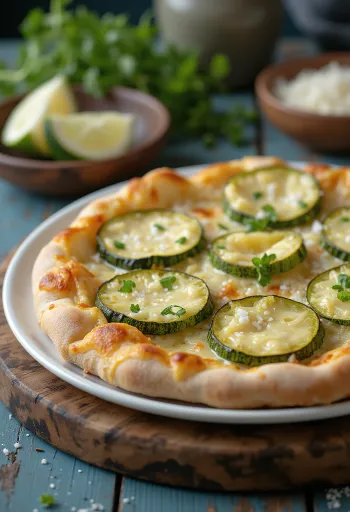 Pizza al Zucchini dengan irisan zucchini tipis