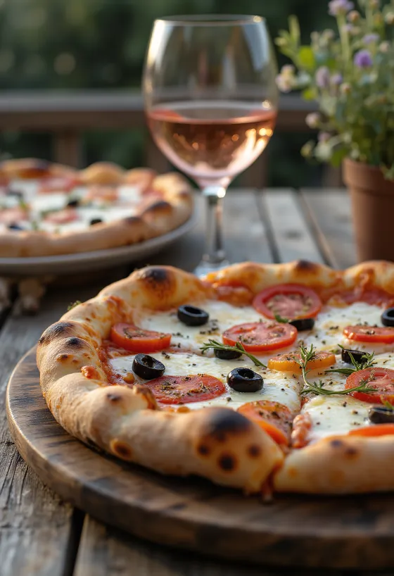 Pizza Provençale dengan tomat, zaitun hitam, dan bumbu provence