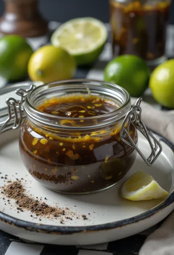 Saus cuka balsamik jeruk nipis bawang putih disajikan