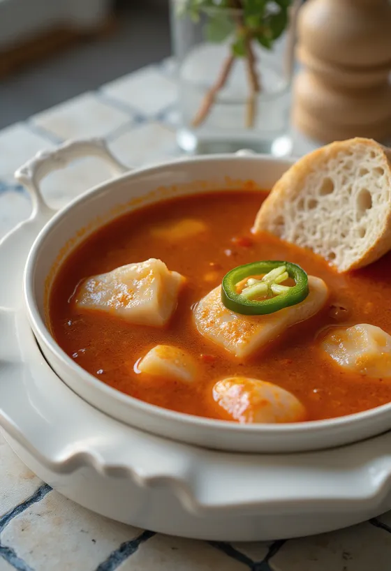 Sup ikan dari ikan mas segar, disajikan dengan kuah paprika merah dan cabai pedas
