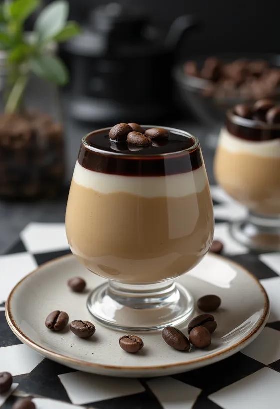 Panna cotta kopi dihiasi dengan bubuk kakao dan krim kocok