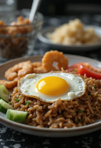 Nasi Goreng Klasik, disajikan dengan rempah kaya, ayam, dan telur