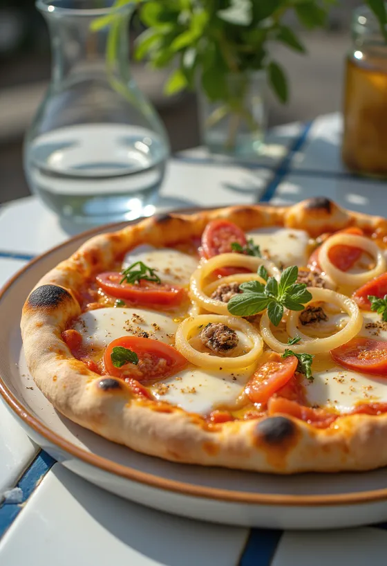 Pizza Pugliese dengan bawang merah dan ikan teri