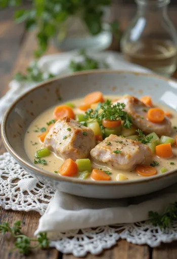 Fricassee kelinci disajikan dengan saus creamy dan hiasan peterseli segar