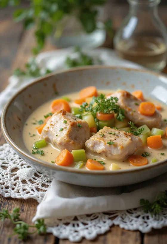 Fricassee kelinci disajikan dengan saus creamy dan hiasan peterseli segar