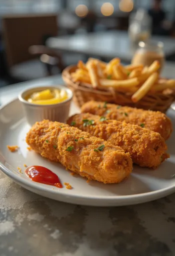 Sosis goreng tepung dipanggang cokelat keemasan, disajikan dalam lapisan renyah dengan mustard segar dan saus tomat.