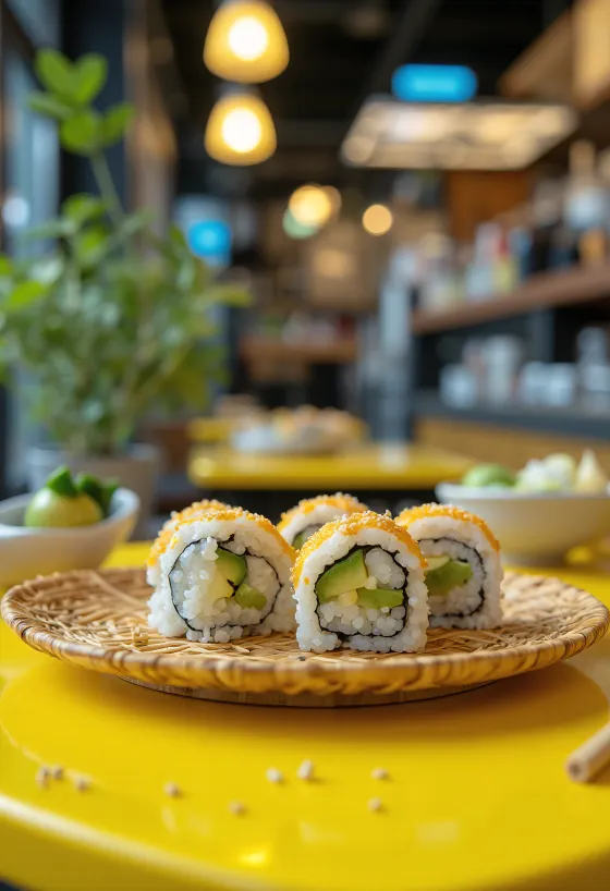 Sushi vegan dengan nori, alpukat, dan hiasan wijen