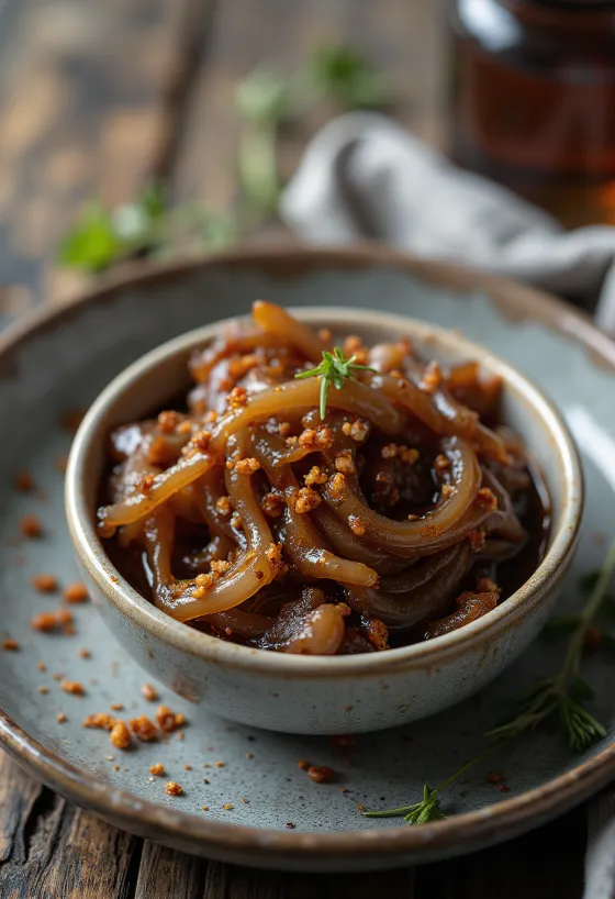 Saus bawang merah karamel cabai dalam mangkuk, dihiasi dengan cabai segar.