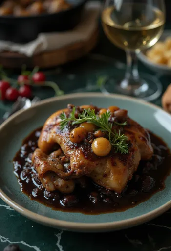 Coq au Vin disajikan dengan peterseli segar dan roti