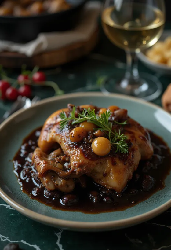 Coq au Vin disajikan dengan peterseli segar dan roti