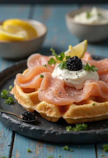 Waffle salmon asap dengan kaviar disajikan