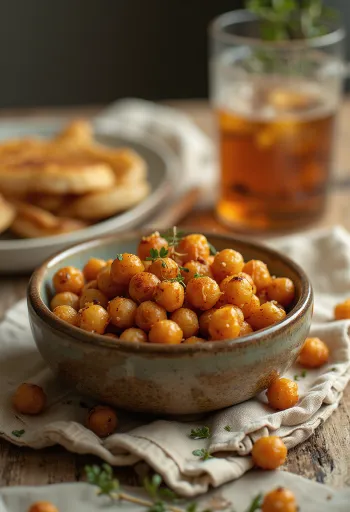 Kacang arab panggang pedas renyah ditaburi rempah-rempah, disajikan dalam mangkuk.
