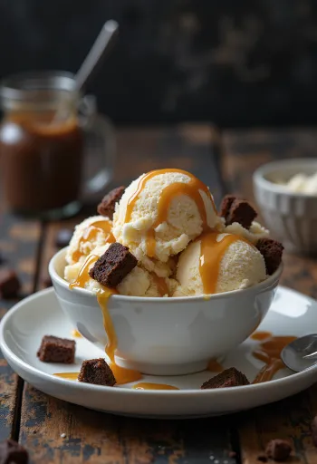 Es krim vanila karamel brownie dalam mangkuk