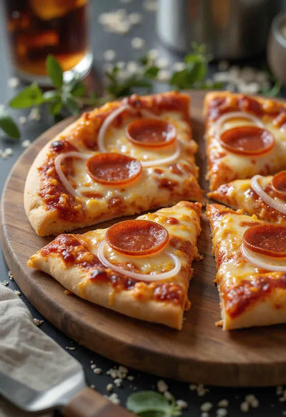 Pizza Pepperoni dengan bawang disajikan