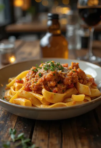 Ragu kelinci disajikan dengan pasta pappardelle dan dihiasi rosemary segar