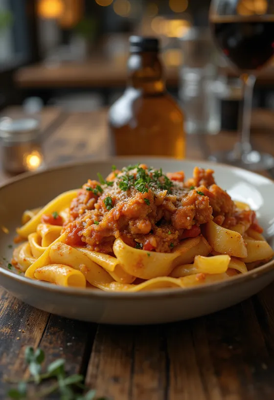 Ragu kelinci disajikan dengan pasta pappardelle dan dihiasi rosemary segar