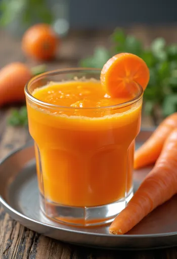 Jus wortel dalam gelas tinggi, dihiasi dengan wortel segar dan buah-buahan