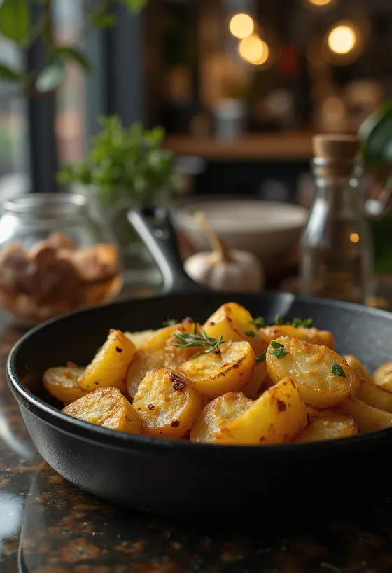 Kentang panggang loyang cokelat keemasan dan renyah dengan rempah segar.