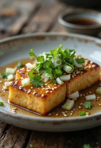 Steak tahu dengan wijen dan hiasan ketumbar segar