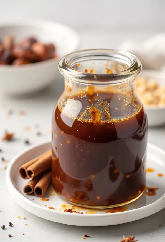 Campuran marinade sirup maple berempah BBQ dalam mangkuk kaca