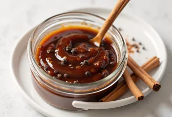 Campuran marinade sirup maple berempah BBQ dalam mangkuk kaca