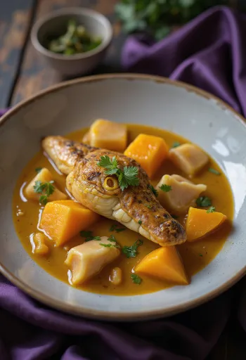 Kari buaya dan labu disajikan dalam mangkuk dengan ketumbar segar.