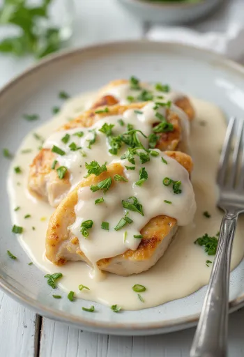 Dada ayam berkuah dalam saus krim, ditaburi peterseli segar dan disajikan dengan pasta.