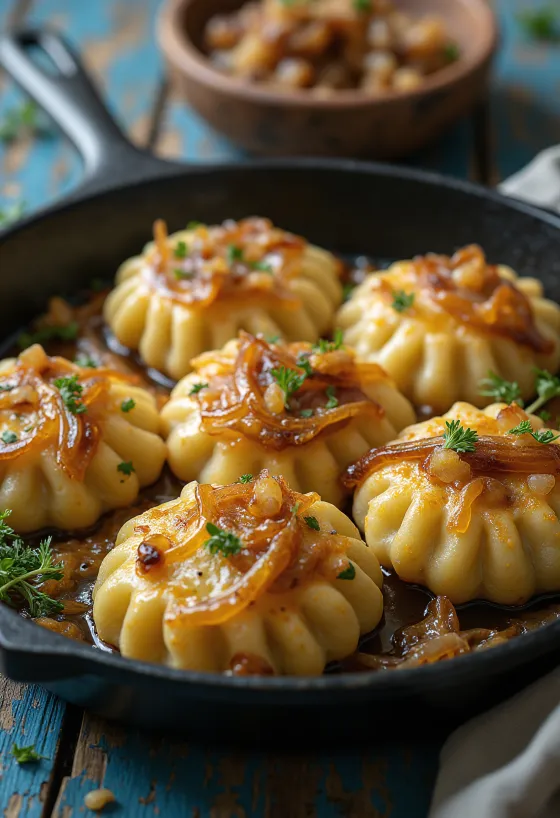 Dödölle renyah disajikan dengan krim asam dan bawang goreng