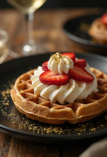 Waffle dihiasi emas yang bisa dimakan disajikan dengan krim kocok dan stroberi