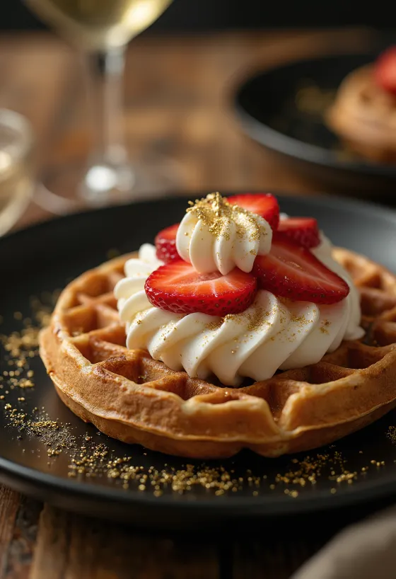 Waffle dihiasi emas yang bisa dimakan disajikan dengan krim kocok dan stroberi