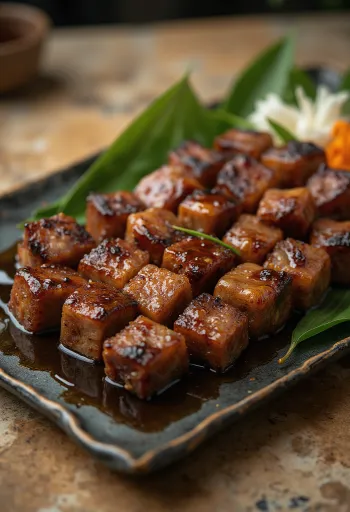 Gyutan yakitori lidah sapi di tusuk sate, disajikan dengan biji wijen dan bawang hijau segar