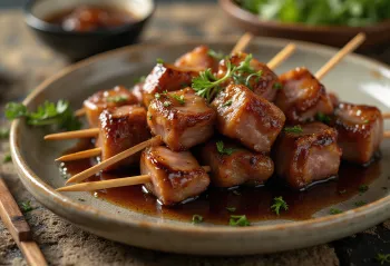 Gyutan yakitori lidah sapi di tusuk sate, disajikan dengan biji wijen dan bawang hijau segar