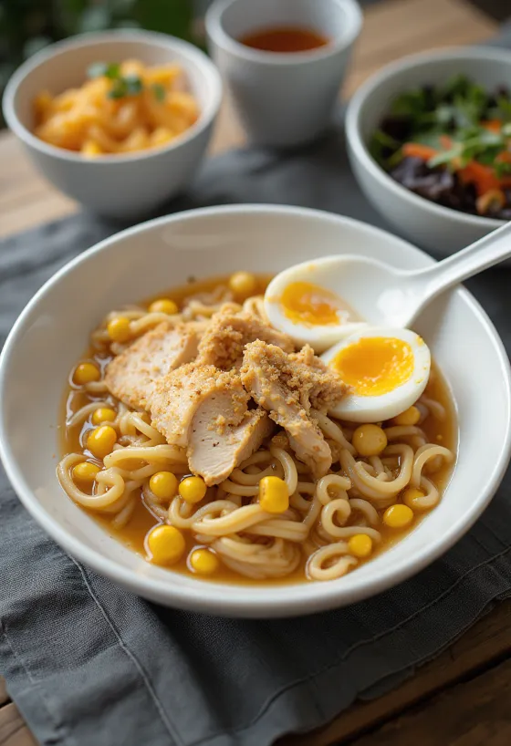 Instant Noodle Ramen disajikan dengan telur, ayam, dan jagung