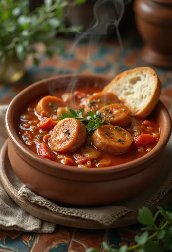 Lecsó sosis disajikan dengan paprika segar, tomat, dan sosis asap