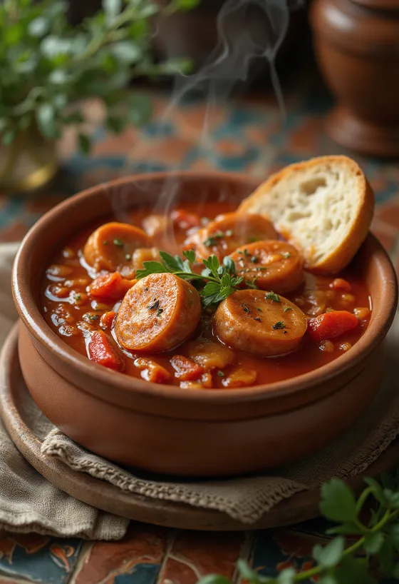 Lecsó sosis disajikan dengan paprika segar, tomat, dan sosis asap