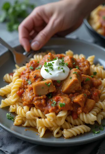 Semur daging dengan pasta dan krim asam disajikan