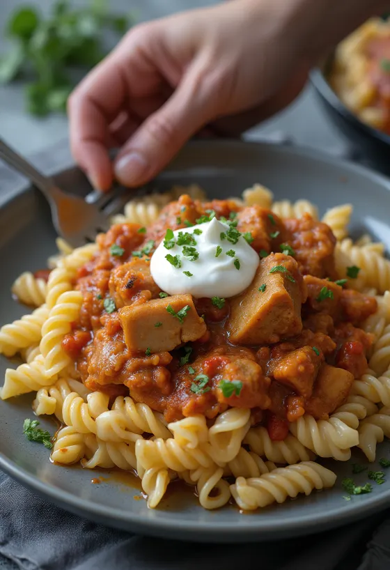 Semur daging dengan pasta dan krim asam disajikan