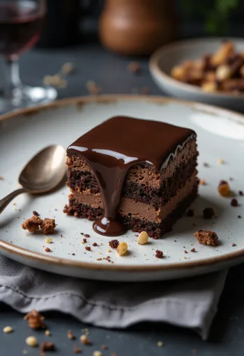Potongan kue cokelat Rigó Jancsi di piring putih