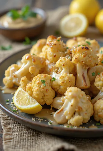 Salad kembang kol panggang dengan saus tahini, disajikan dengan peterseli segar dan biji wijen panggang.