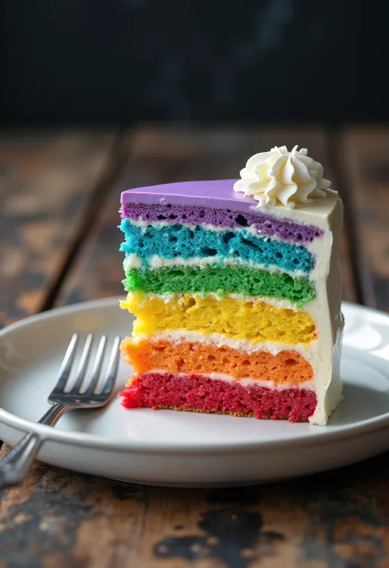 Kue pelangi dengan fondant putih dan lapisan dalam berwarna-warni