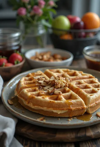 Wafel vegan dengan buah segar dan sirup maple