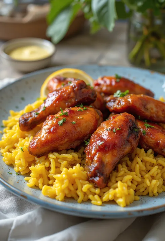 Sayap Ayam BBQ dengan Nasi Berbumbu disajikan