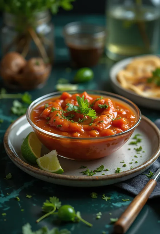 Saus tomat jeruk nipis jalapeño disajikan