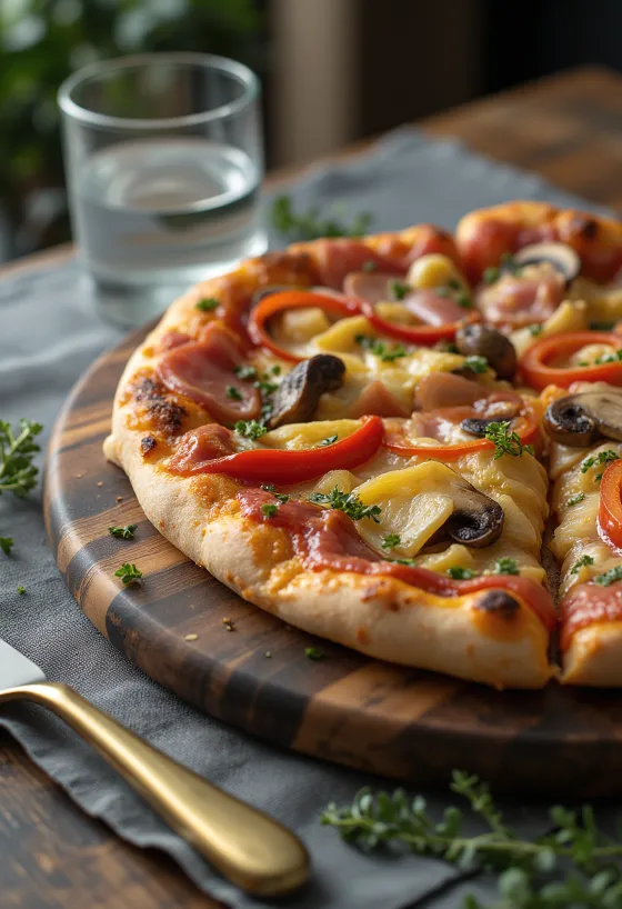 Pizza Capricciosa Pedas dengan cabai disajikan