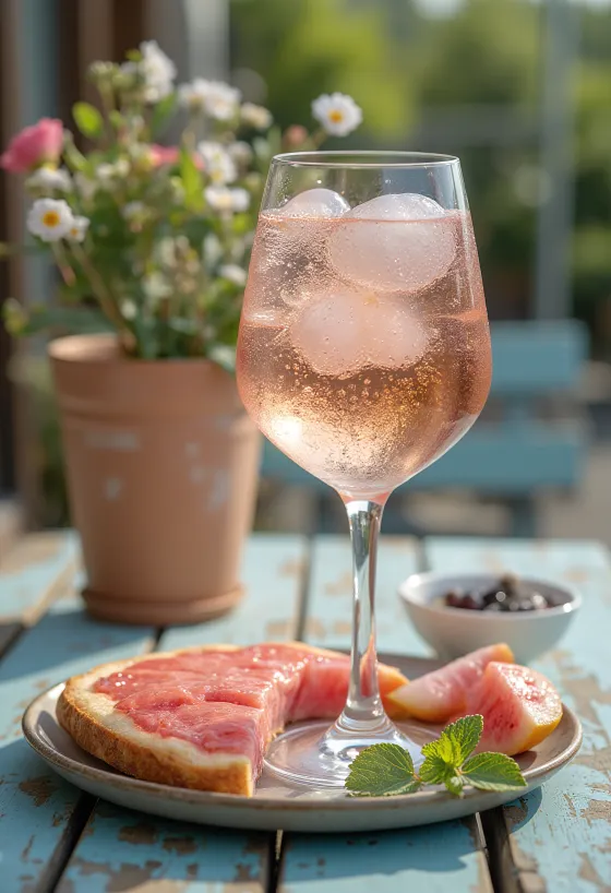 Rosé Spritzer disajikan dengan irisan lemon dan es