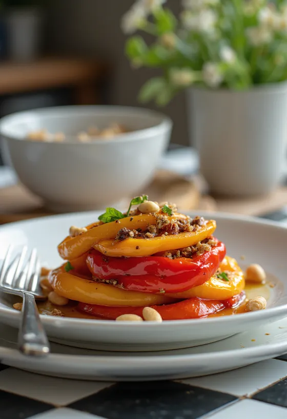 Salad paprika panggang disajikan dengan saus cuka balsamik dan kacang pinus sangrai.