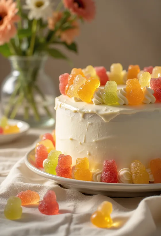 Kue permen jelly warna-warni dengan lapisan fondant putih dan hiasan permen jelly